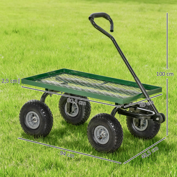 Carro de Transporte com Pega Revestida e 4 Rodas Grandes de Ø24 cm Carrinho de Jardim em Aço Capacidade 150 kg 94x48,5x100 cm Preto e Verde