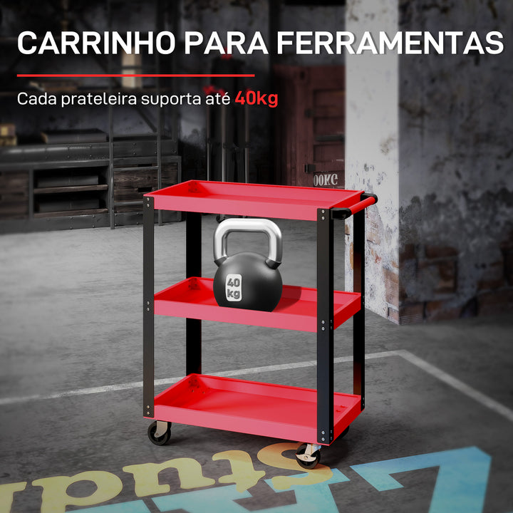 Carrinho de Oficina Carrinho de Ferramentas com 3 Prateleiras Rodas com Travões e Alça Lateral para Garagem Mecânica Casa Carga 120 kg Vermelho