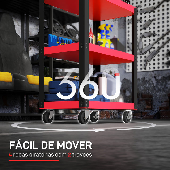 Carrinho de Oficina Carrinho de Ferramentas com 3 Prateleiras Rodas com Travões e Alça Lateral para Garagem Mecânica Casa Carga 120 kg Vermelho