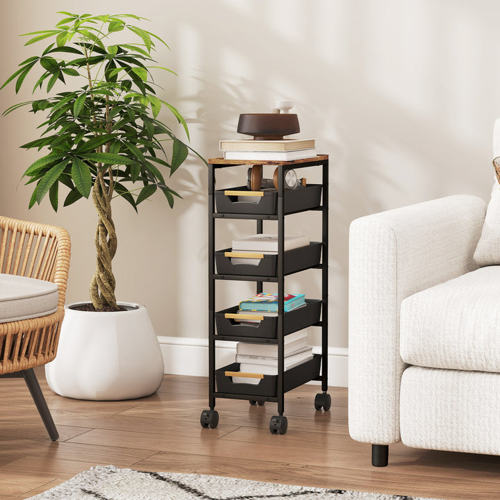 Carrinho de Cozinha de Armazenamento de 5 Níveis Carrinho Auxiliar com Rodas Bancada com Efeito Madeira e 4 Gavetas Removíveis Carrinho de Cozinha 39,5x24x82 cm Preto