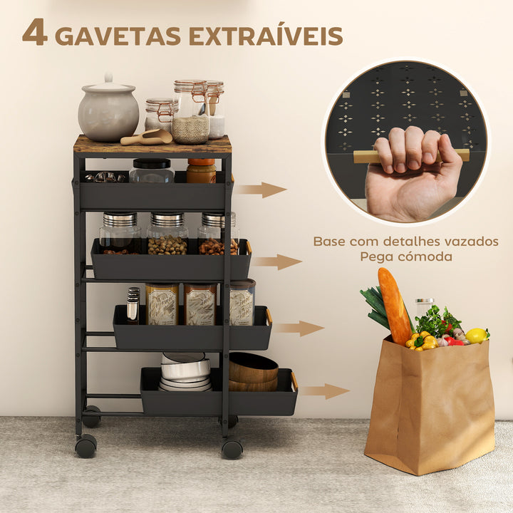 Carrinho de Cozinha de Armazenamento de 5 Níveis Carrinho Auxiliar com Rodas Bancada com Efeito Madeira e 4 Gavetas Removíveis Carrinho de Cozinha 39,5x24x82 cm Preto