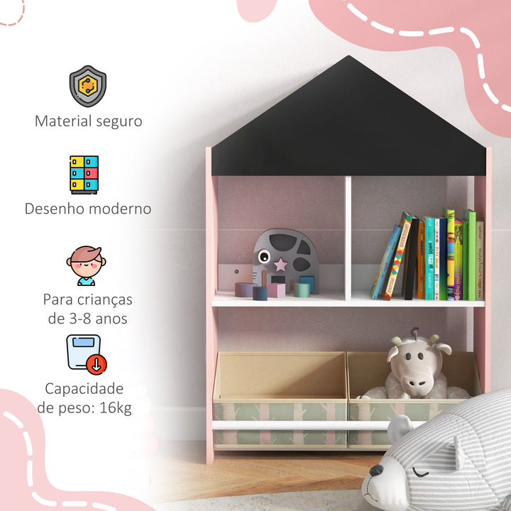 Estante para Brinquedos Organizador Infantil com Prateleiras Abertas e 2 Caixas de Tecido não Tecido Amovíveis para Sala de Jogos Dormitório Escola Infantil 62,4x26,5x90 cm Rosa