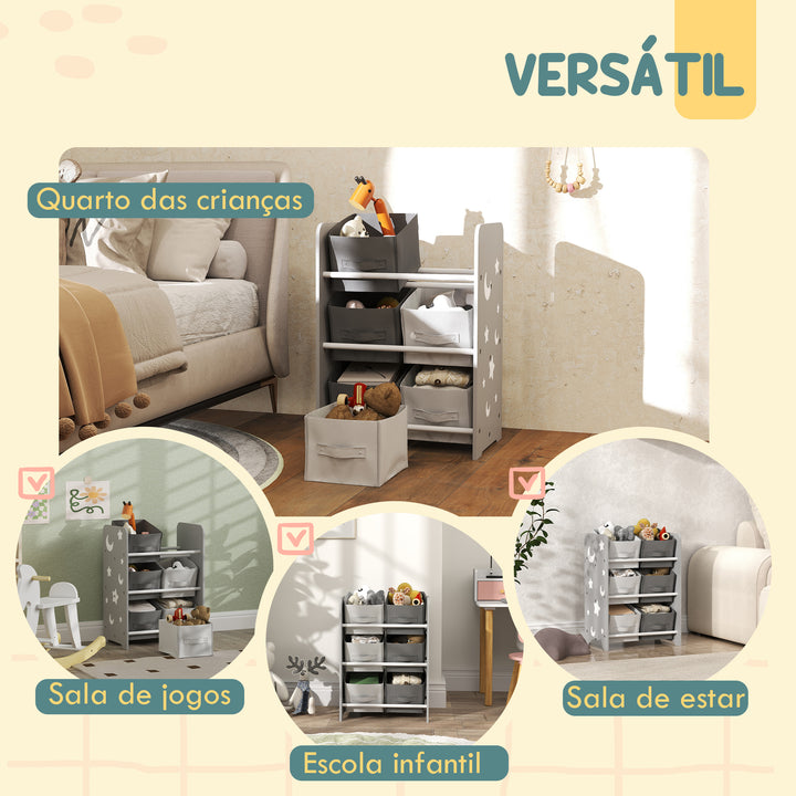 AIYPLAY Estante para Brinquedos com 6 Caixas de Tecido não Tecido Amovíveis Organizador de Brinquedos para Dormitório Escola Infantil 43x30x60 cm Cinza