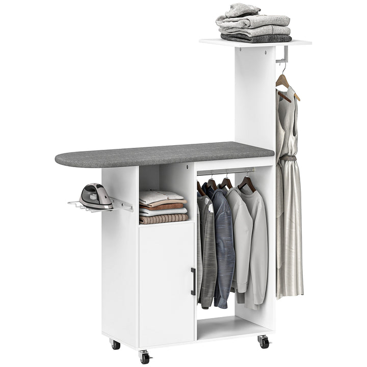 Móvel de Engomar Roupa com Rodas e Suporte Lateral Móvel de Passagem com Tábua de Passar Barra para Roupa Prateleira Ajustável 127,5x43,5x153 cm Branco