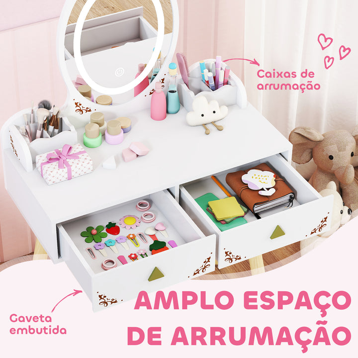 Tocador de Maquilhagem com Luzes LED de 3 Cores 2 em 1 Tocador Infantil com Banco Espelho 2 Gavetas 2 Caixas de Armazenamento para Crianças acima de 3 Anos 60x30x99,3 cm Branco