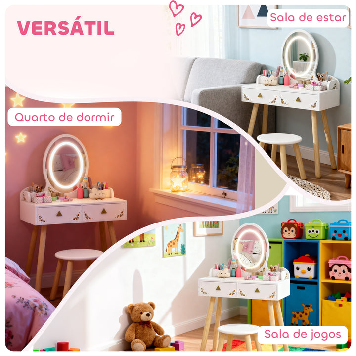 Tocador de Maquilhagem com Luzes LED de 3 Cores 2 em 1 Tocador Infantil com Banco Espelho 2 Gavetas 2 Caixas de Armazenamento para Crianças acima de 3 Anos 60x30x99,3 cm Branco