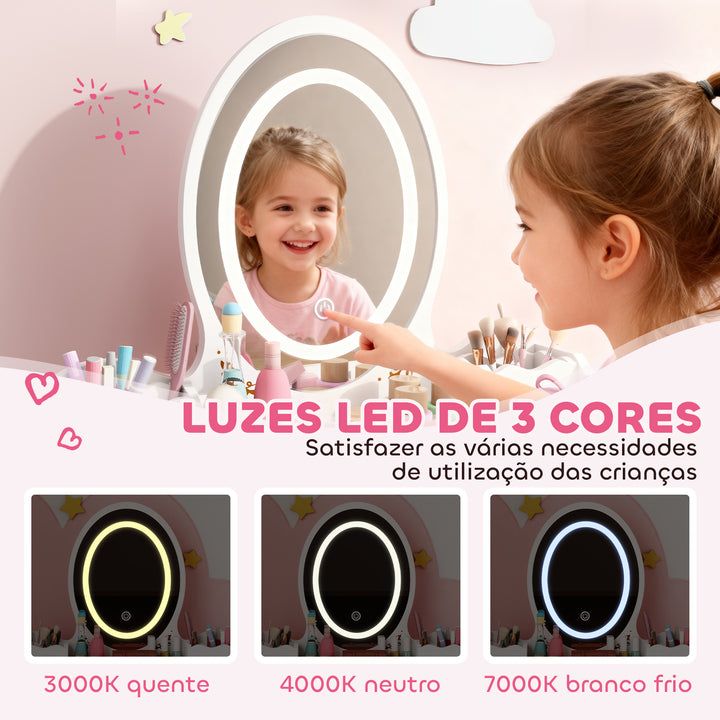 Tocador de Maquilhagem com Luzes LED de 3 Cores 2 em 1 Tocador Infantil com Banco Espelho 2 Gavetas 2 Caixas de Armazenamento para Crianças acima de 3 Anos 60x30x99,3 cm Branco