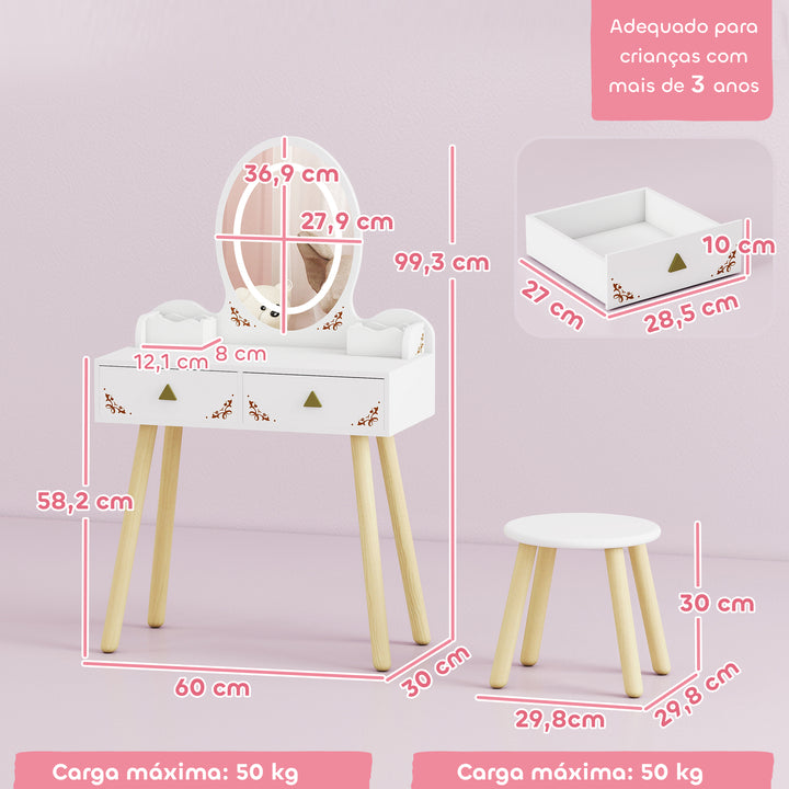 Tocador de Maquilhagem com Luzes LED de 3 Cores 2 em 1 Tocador Infantil com Banco Espelho 2 Gavetas 2 Caixas de Armazenamento para Crianças acima de 3 Anos 60x30x99,3 cm Branco