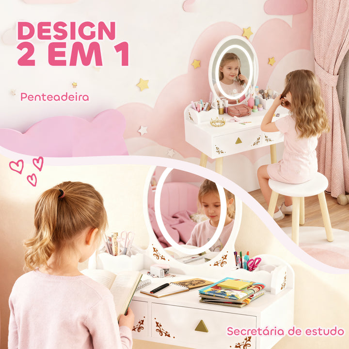 Tocador de Maquilhagem com Luzes LED de 3 Cores 2 em 1 Tocador Infantil com Banco Espelho 2 Gavetas 2 Caixas de Armazenamento para Crianças acima de 3 Anos 60x30x99,3 cm Branco