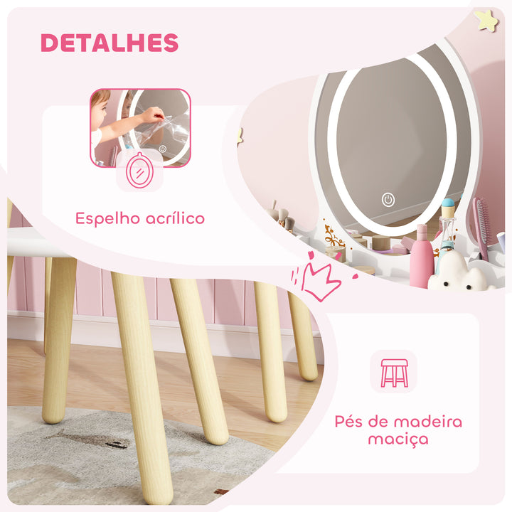 Tocador de Maquilhagem com Luzes LED de 3 Cores 2 em 1 Tocador Infantil com Banco Espelho 2 Gavetas 2 Caixas de Armazenamento para Crianças acima de 3 Anos 60x30x99,3 cm Branco