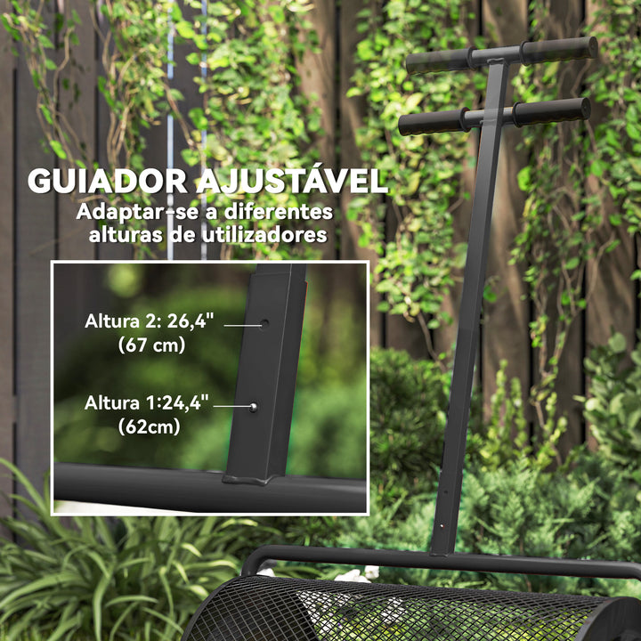 Espalhador de Composto 300L 70x40x112 cm Espalhador de Adubo para Relvado com Guiador Ajustável Cesto de Rede Metálica para Cuidados de Relvado Jardim Preto