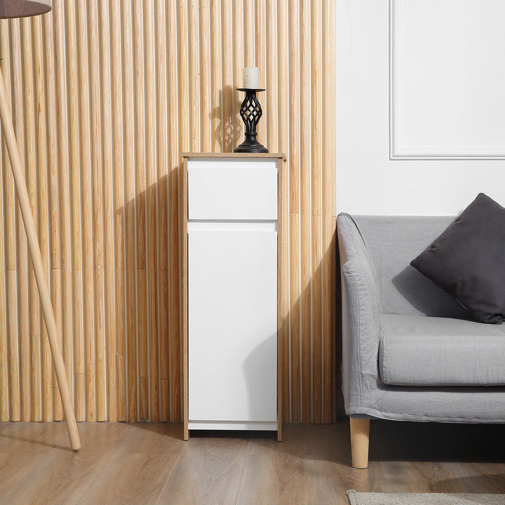 Armário de banheiro baixo Armário de madeira com gaveta e armário com 2 prateleiras para sala Quarto Cozinha 32,6x30x90 cm Cor natural e branco