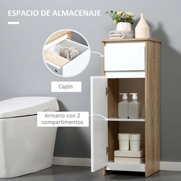 Armário de banheiro baixo Armário de madeira com gaveta e armário com 2 prateleiras para sala Quarto Cozinha 32,6x30x90 cm Cor natural e branco
