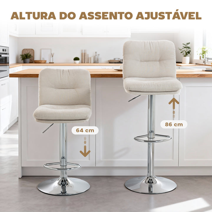 Conjunto de 2 Bancos de Bar Giratórios Bancos Altos de Cozinha Estofados em Linho com Altura Ajustável 64-86 cm Encosto Apoio para Pés Assento Almofadado e Base de Aço Bege