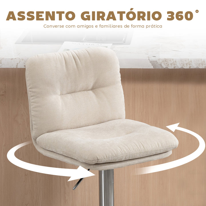 Conjunto de 2 Bancos de Bar Giratórios Bancos Altos de Cozinha Estofados em Linho com Altura Ajustável 64-86 cm Encosto Apoio para Pés Assento Almofadado e Base de Aço Bege