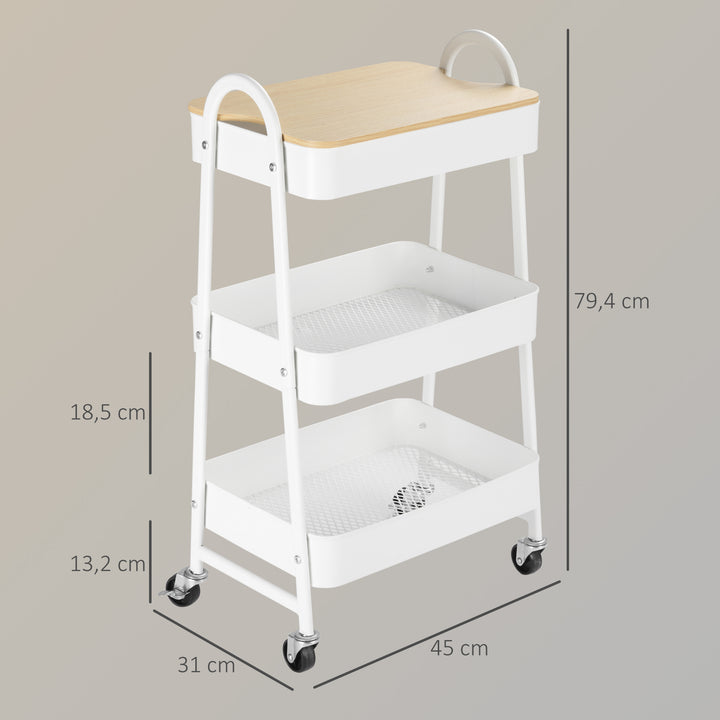 Carrinho Auxiliar com Rodas de 3 Níveis Carrinho de Cozinha com 3 Cestas de Aço e 1 Bancada de Madeira para Sala de Estar Casa de Banho 45x31x79,4 cm Branco