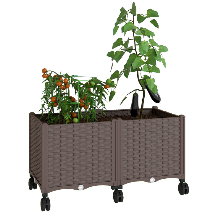 Floreira Elevada com 6 Rodas Floreira Móvel em Plástico com Autorrega e Drenagem Floreira para Cultivo Plantas Jardim Terraço 80x40x43 cm Castanho
