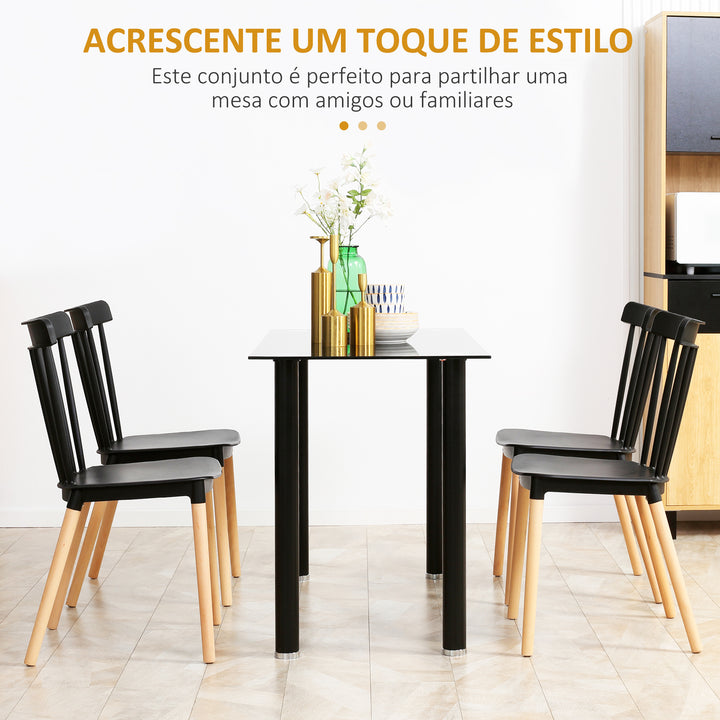 Conjunto de 4 Cadeiras Estilo Nórdico Cadeiras de Cozinha com Encosto Alto Assento de Polipropileno e Pés de Madeira de Faia Carga Máx. 120kg 43x52,5x83cm Preto e Madeira