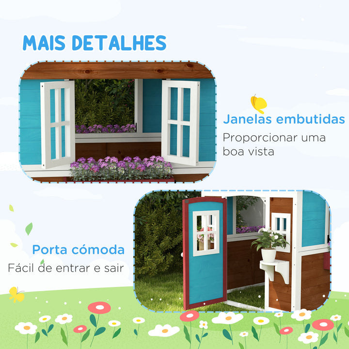 Casa de Brincar Infantil para Jardim Casa de Madeira para Crianças com Porta Janelas e Floreiras 114x126,5x135 cm Marróm Escuro