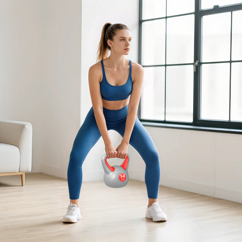 Kettlebell 14 kg Peso Russo com Revestimento de PU e Enchimento de Areia para Treinamento em Casa Ginásio 26x18x32 cm Vermelho e Cinza