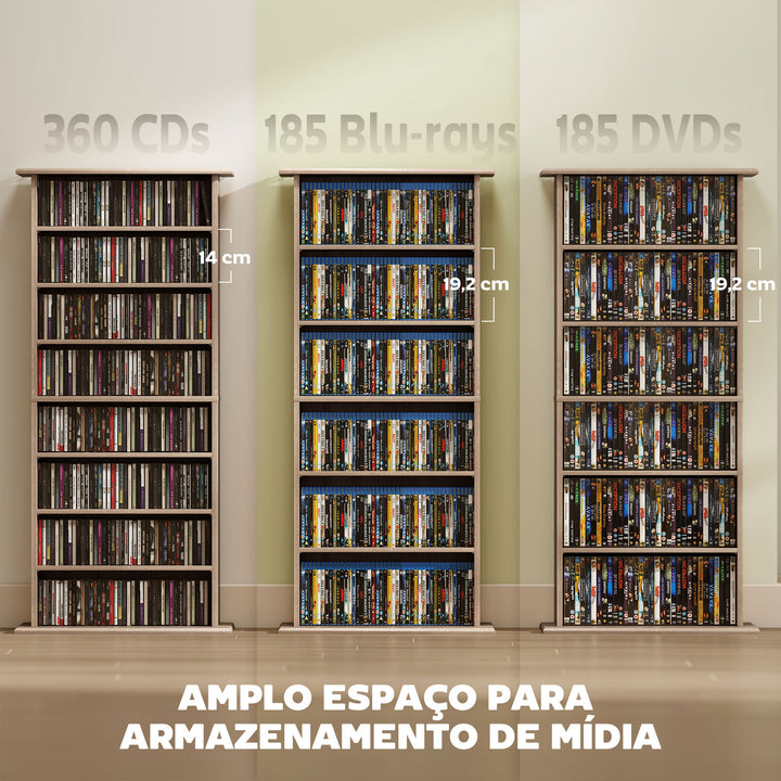 Estante para CDs e DVDs com 8 Compartimentos e Prateleiras Ajustáveis 58x24x126,3 cm em Madeira