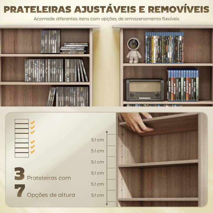 Estante para CDs e DVDs com 8 Compartimentos e Prateleiras Ajustáveis 58x24x126,3 cm em Madeira