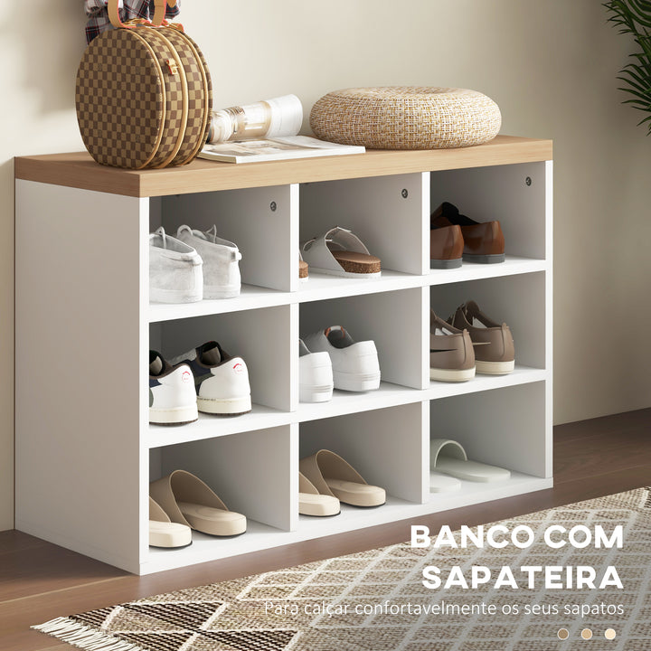 Móvel Cabide de Entrada com Banco Sapateira 2 em 1 Móveis de Entrada com 3 Ganchos e Prateleiras para 9 Pares de Sapatos 75x30x50 cm e 75x20x22,5 cm Branco