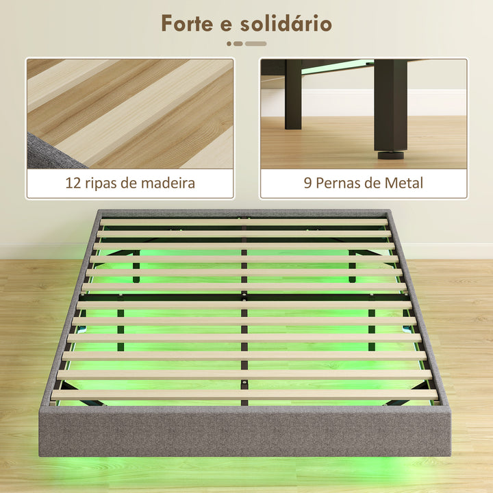 Cama 140x190 cm com Luzes LED Estofada em Linho Ripas de Madeira Silenciosa Fácil de Montar Cinzento