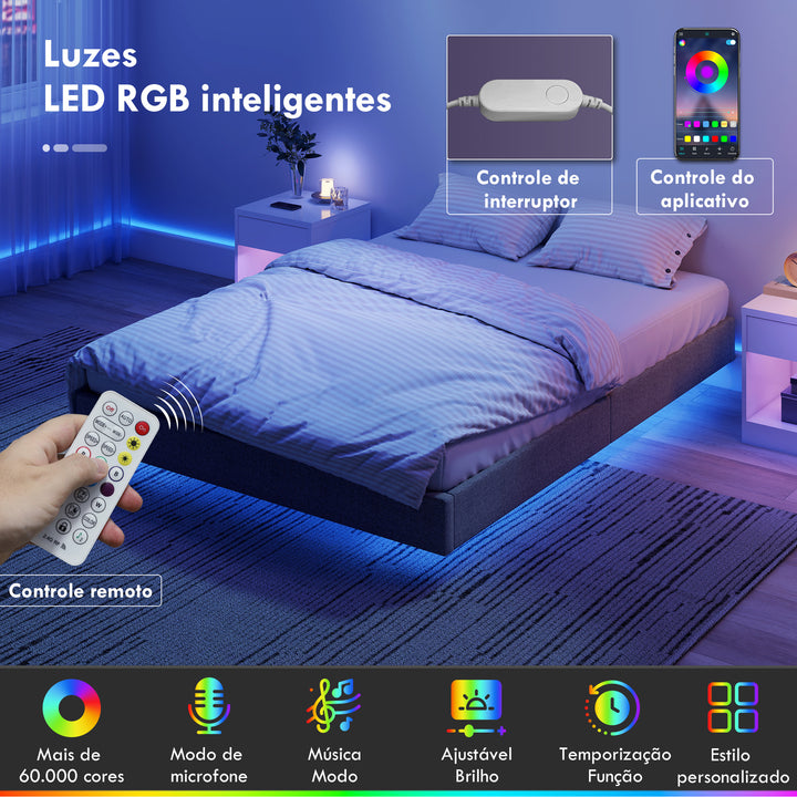 Cama 140x190 cm com Luzes LED Estofada em Linho Ripas de Madeira Silenciosa Fácil de Montar Cinzento