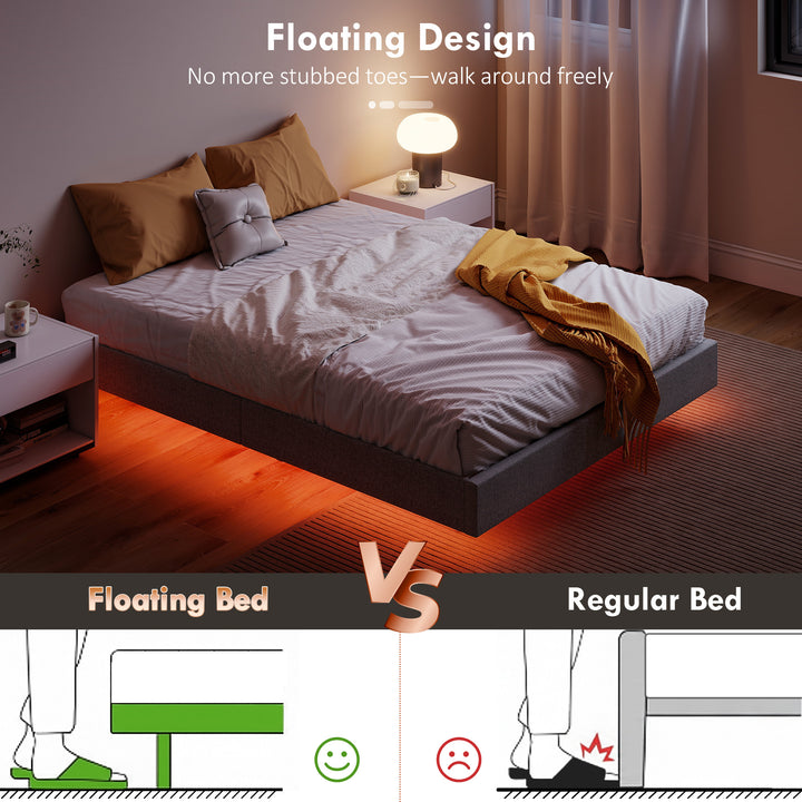 Cama 140x190 cm com Luzes LED Estofada em Linho Ripas de Madeira Silenciosa Fácil de Montar Cinzento