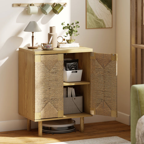 Aparador Boémio de 2 Portas com Corda Tecida à Mão Aparador de Sala com Prateleira Ajustável Abertura por Pressão Pés de Madeira 60x40x78 cm Carvalho