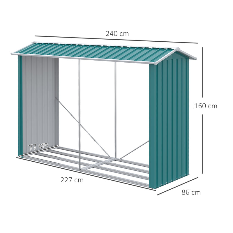 Abrigo para Lenhas de Aço Galvanizado Abrigo de Armazenamento de Lenha com Teto Inclinado para Jardim Varanda Pátio 240x86x160 cm Verde