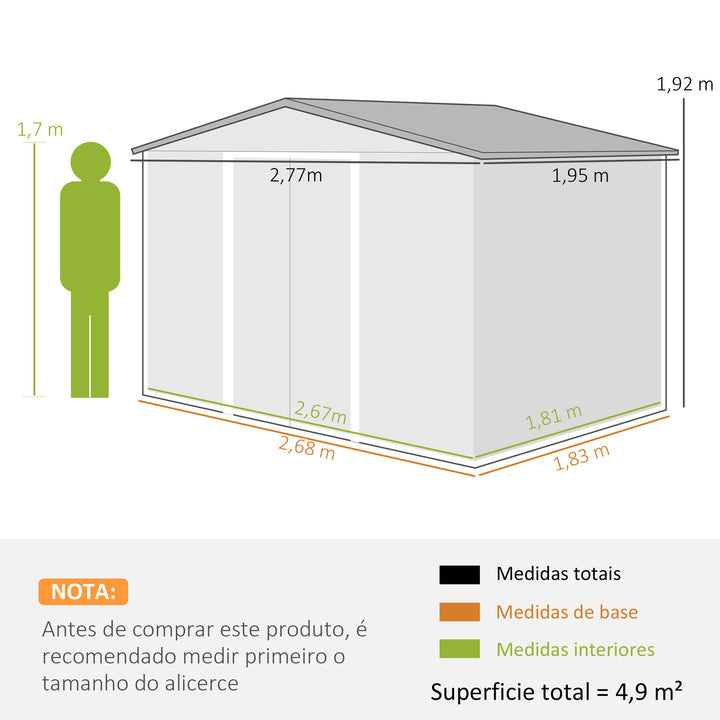 Abrigo de Jardim Exterior 4,9 m² 277x195x192cm Abrigo e Jardim Metálico para Armazenamento de Ferramentas com Base Incluída (Chão não Incluído) e 4 Janelas Cinzento