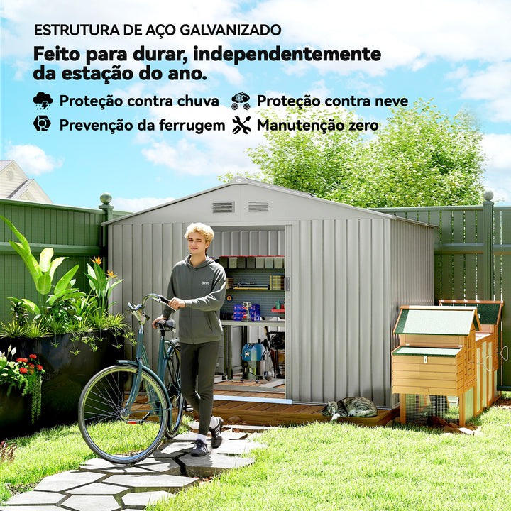 Abrigo de Jardim Exterior 4,9 m² 277x195x192cm Abrigo e Jardim Metálico para Armazenamento de Ferramentas com Base Incluída (Chão não Incluído) e 4 Janelas Cinzento