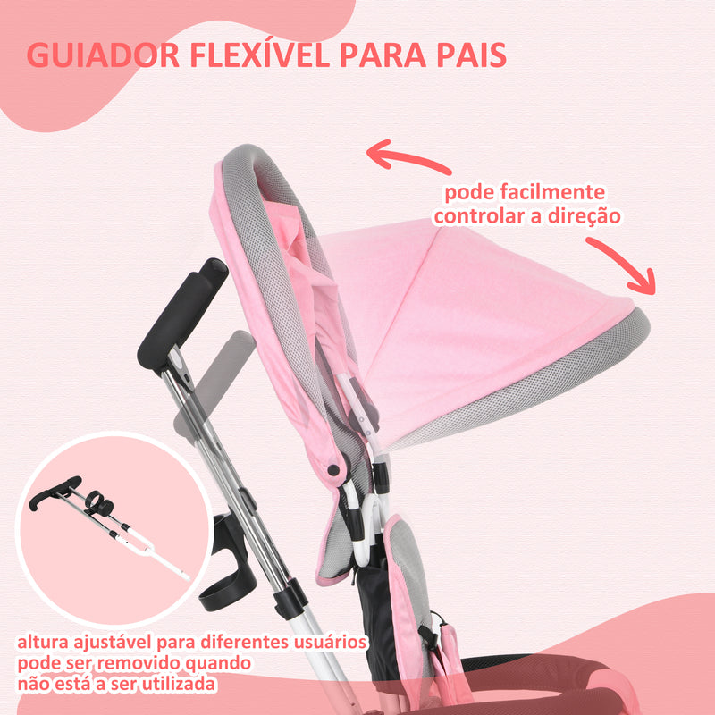 Triciclo para Bebés 2 em 1 Triciclo Evolutivo para Crianças de +12 Meses com Toldo Dobrável Guiador Telescópico e Removível Cinto de Segurança e Cesto 95x50x106 cm Rosa