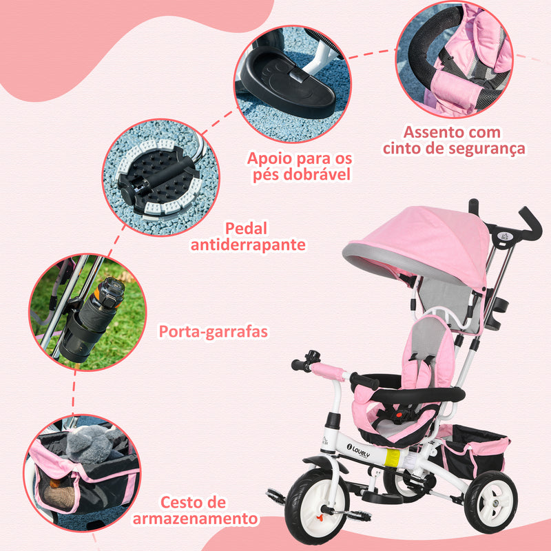 Triciclo para Bebés 2 em 1 Triciclo Evolutivo para Crianças de +12 Meses com Toldo Dobrável Guiador Telescópico e Removível Cinto de Segurança e Cesto 95x50x106 cm Rosa