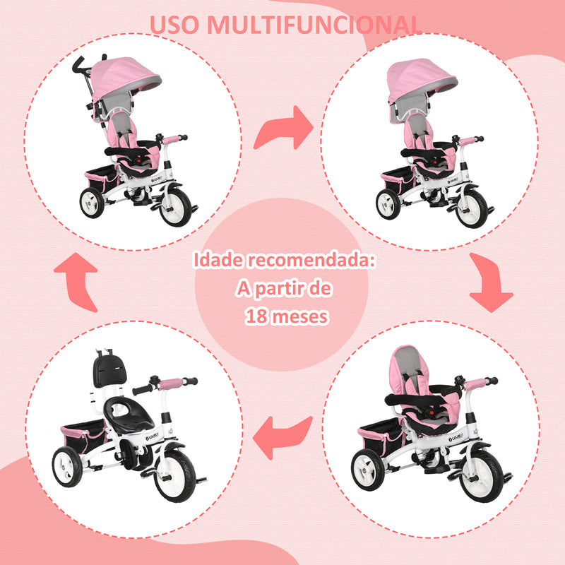 Triciclo para Bebés 2 em 1 Triciclo Evolutivo para Crianças de +12 Meses com Toldo Dobrável Guiador Telescópico e Removível Cinto de Segurança e Cesto 95x50x106 cm Rosa