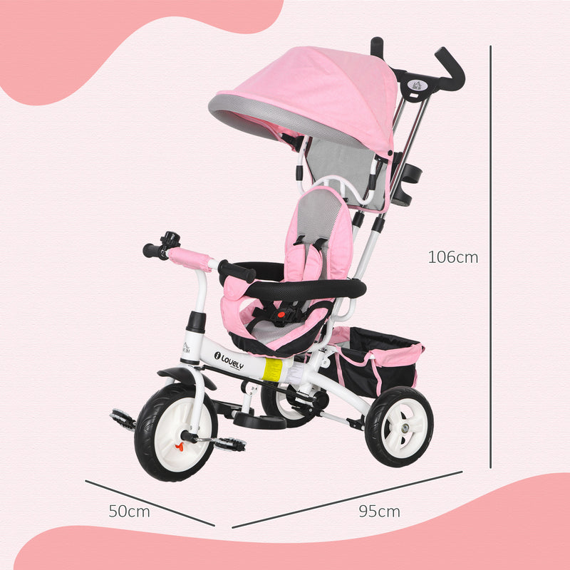 Triciclo para Bebés 2 em 1 Triciclo Evolutivo para Crianças de +12 Meses com Toldo Dobrável Guiador Telescópico e Removível Cinto de Segurança e Cesto 95x50x106 cm Rosa