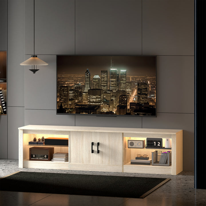 Móvel de TV Moderno com Luzes RGB 2 Orifícios para Cabos para Televisores de até 75 Polegadas com Prateleiras de Vidro para Sala de Estar 180x35x45 cm Madeira