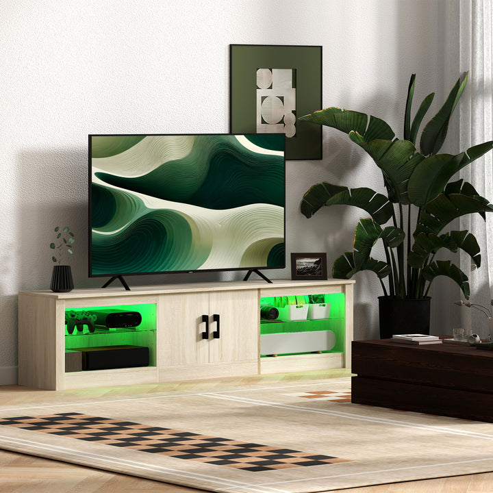 Móvel de TV Moderno com Luzes RGB 2 Orifícios para Cabos para Televisores de até 75 Polegadas com Prateleiras de Vidro para Sala de Estar 180x35x45 cm Madeira