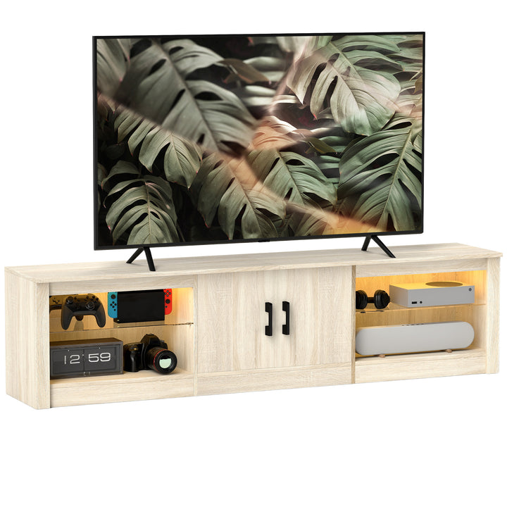 Móvel de TV Moderno com Luzes RGB 2 Orifícios para Cabos para Televisores de até 75 Polegadas com Prateleiras de Vidro para Sala de Estar 180x35x45 cm Madeira