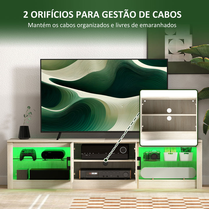 Móvel de TV Moderno com Luzes RGB 2 Orifícios para Cabos para Televisores de até 75 Polegadas com Prateleiras de Vidro para Sala de Estar 180x35x45 cm Madeira