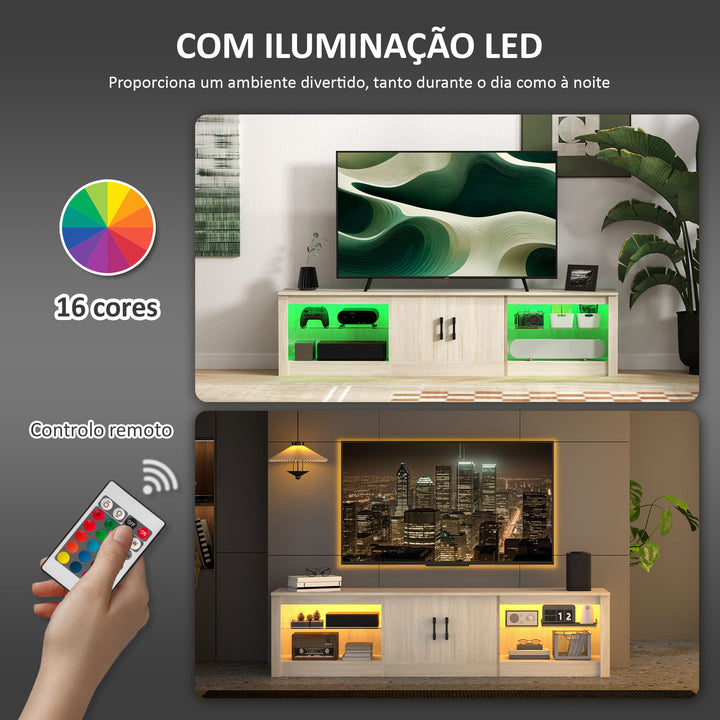 Móvel de TV Moderno com Luzes RGB 2 Orifícios para Cabos para Televisores de até 75 Polegadas com Prateleiras de Vidro para Sala de Estar 180x35x45 cm Madeira