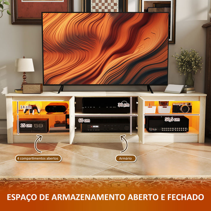 Móvel de TV Moderno com Luzes RGB 2 Orifícios para Cabos para Televisores de até 75 Polegadas com Prateleiras de Vidro para Sala de Estar 180x35x45 cm Madeira