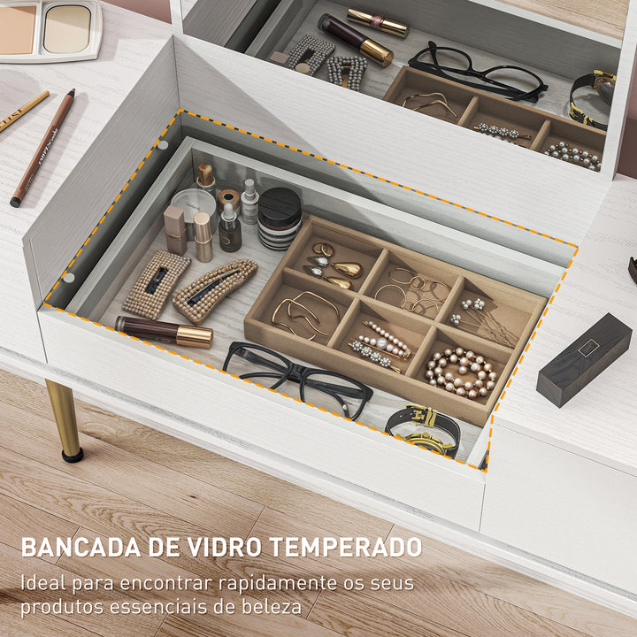 Tocador de Maquilhagem com Espelho Tocador com Bancada de Vidro Temperado 3 Gavetas Mesa de Maquilhagem Moderna para Dormitório 105,5x30x130,5 cm Branco
