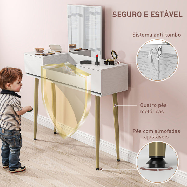 Tocador de Maquilhagem com Espelho Tocador com Bancada de Vidro Temperado 3 Gavetas Mesa de Maquilhagem Moderna para Dormitório 105,5x30x130,5 cm Branco