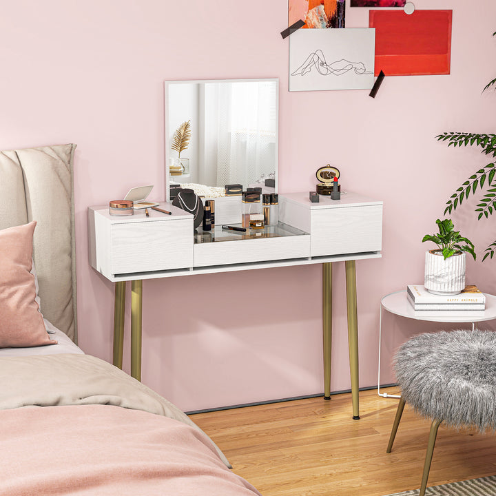 Tocador de Maquilhagem com Espelho Tocador com Bancada de Vidro Temperado 3 Gavetas Mesa de Maquilhagem Moderna para Dormitório 105,5x30x130,5 cm Branco