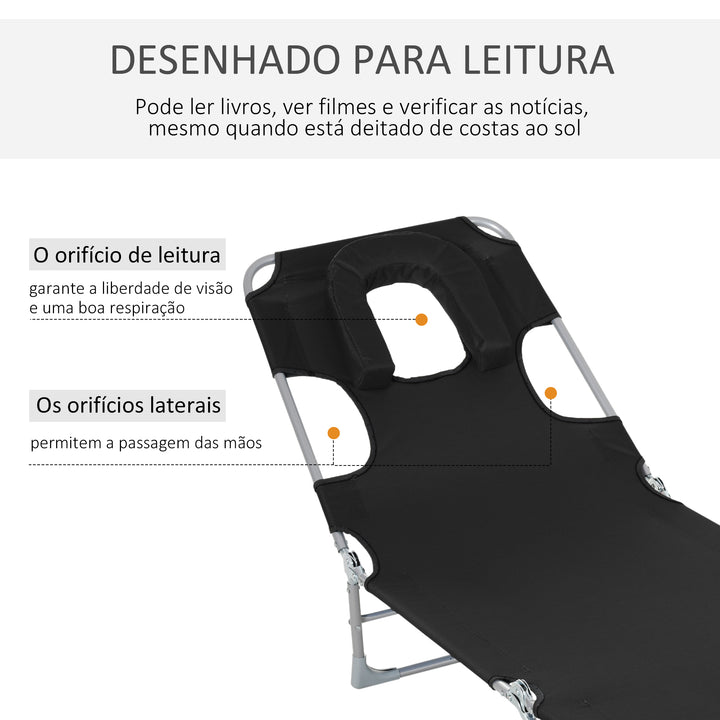 Espreguiçadeira de Jardim Reclinável e Dobrável com Orifício de Leitura Apoio para Cabeça e Encosto Ajustável em 5 Níveis para Praia 182x56x24,5 cm Preto