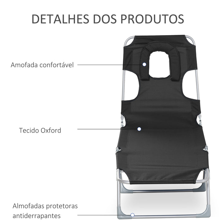 Espreguiçadeira de Jardim Reclinável e Dobrável com Orifício de Leitura Apoio para Cabeça e Encosto Ajustável em 5 Níveis para Praia 182x56x24,5 cm Preto