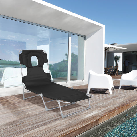 Espreguiçadeira de Jardim Reclinável e Dobrável com Orifício de Leitura Apoio para Cabeça e Encosto Ajustável em 5 Níveis para Praia 182x56x24,5 cm Preto